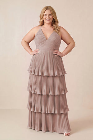 Tiered Pleated V-Neck A-Line Chiffon Bridesmaid Dress in Toffee [sizeplus] | KISSBRIDAL