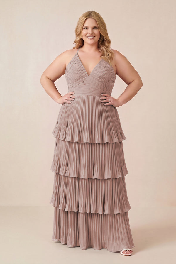 Tiered Pleated V-Neck A-Line Chiffon Bridesmaid Dress in Toffee [sizeplus] | KISSBRIDAL