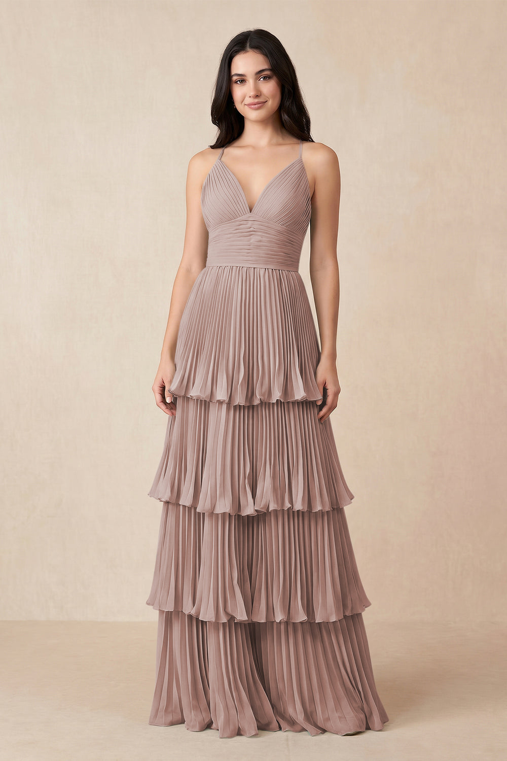 Tiered Pleated V-Neck A-Line Chiffon Bridesmaid Dress in Toffee