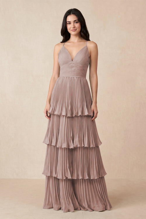 Tiered Pleated V-Neck A-Line Chiffon Bridesmaid Dress in Toffee | KISSBRIDAL