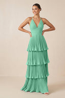 Tiered Pleated V - Neck A - Line Chiffon Bridesmaid Dress in Turquoise - KISS BRIDAL Bridesmaid Dresses