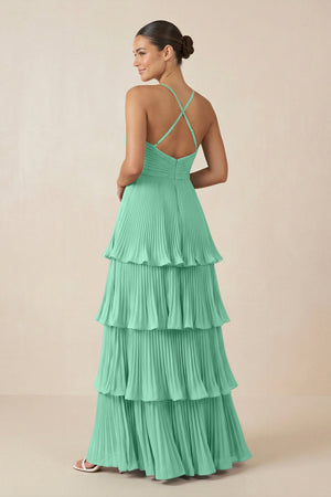 Tiered Pleated V - Neck A - Line Chiffon Bridesmaid Dress in Turquoise - KISS BRIDAL Bridesmaid Dresses