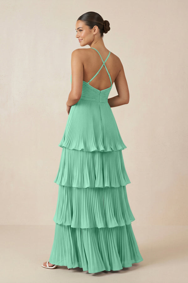 Tiered Pleated V - Neck A - Line Chiffon Bridesmaid Dress in Turquoise - KISS BRIDAL Bridesmaid Dresses