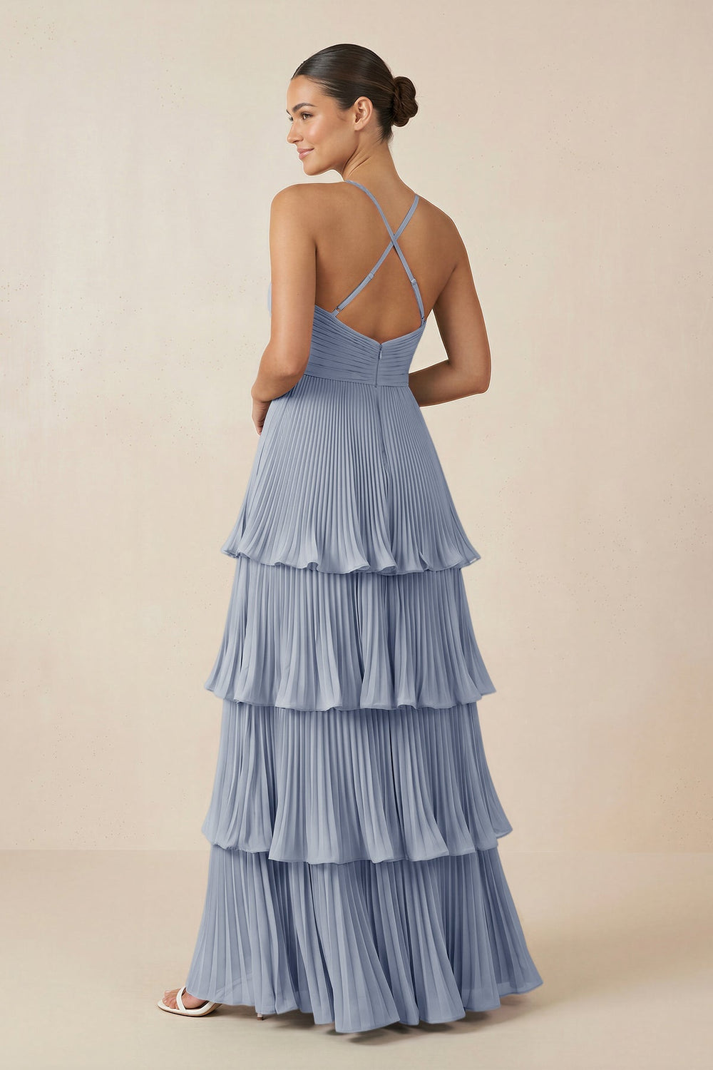 Tiered Pleated V - Neck A - Line Chiffon Bridesmaid Dress in Twilight - KISS BRIDAL Bridesmaid Dresses