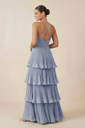 Tiered Pleated V - Neck A - Line Chiffon Bridesmaid Dress in Twilight - KISS BRIDAL Bridesmaid Dresses