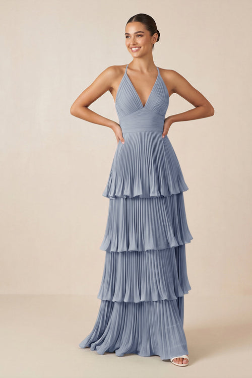Tiered Pleated V - Neck A - Line Chiffon Bridesmaid Dress in Twilight - KISS BRIDAL Bridesmaid Dresses