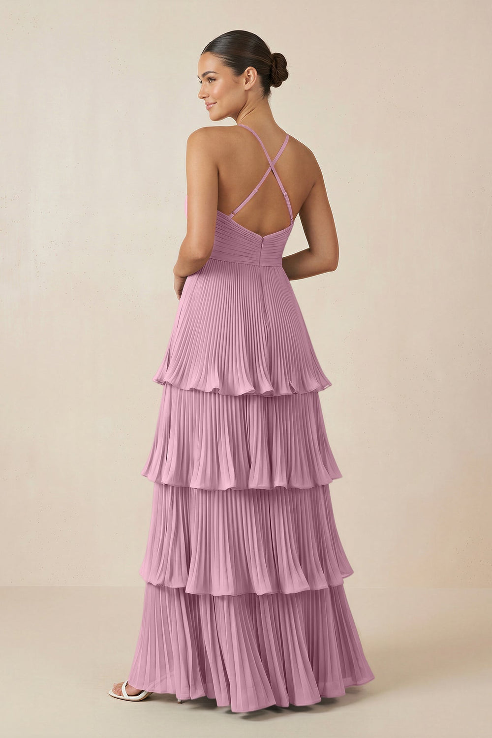 Tiered Pleated V - Neck A - Line Chiffon Bridesmaid Dress in Vintage Mauve - KISS BRIDAL Bridesmaid Dresses