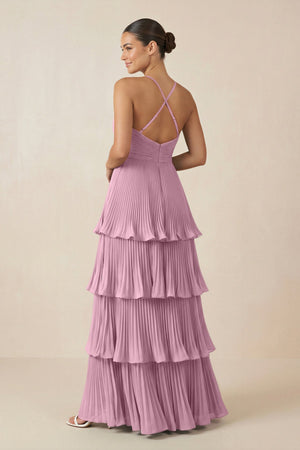 Tiered Pleated V - Neck A - Line Chiffon Bridesmaid Dress in Vintage Mauve - KISS BRIDAL Bridesmaid Dresses