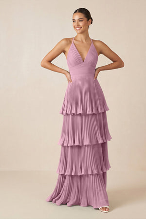 Tiered Pleated V - Neck A - Line Chiffon Bridesmaid Dress in Vintage Mauve - KISS BRIDAL Bridesmaid Dresses