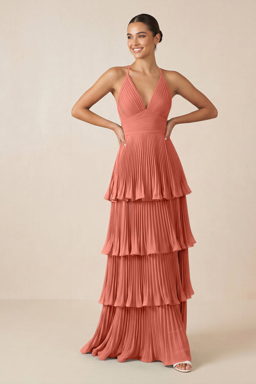 Tiered Pleated V - Neck A - Line Chiffon Bridesmaid Dress in Wild Rose - KISS BRIDAL Bridesmaid Dresses
