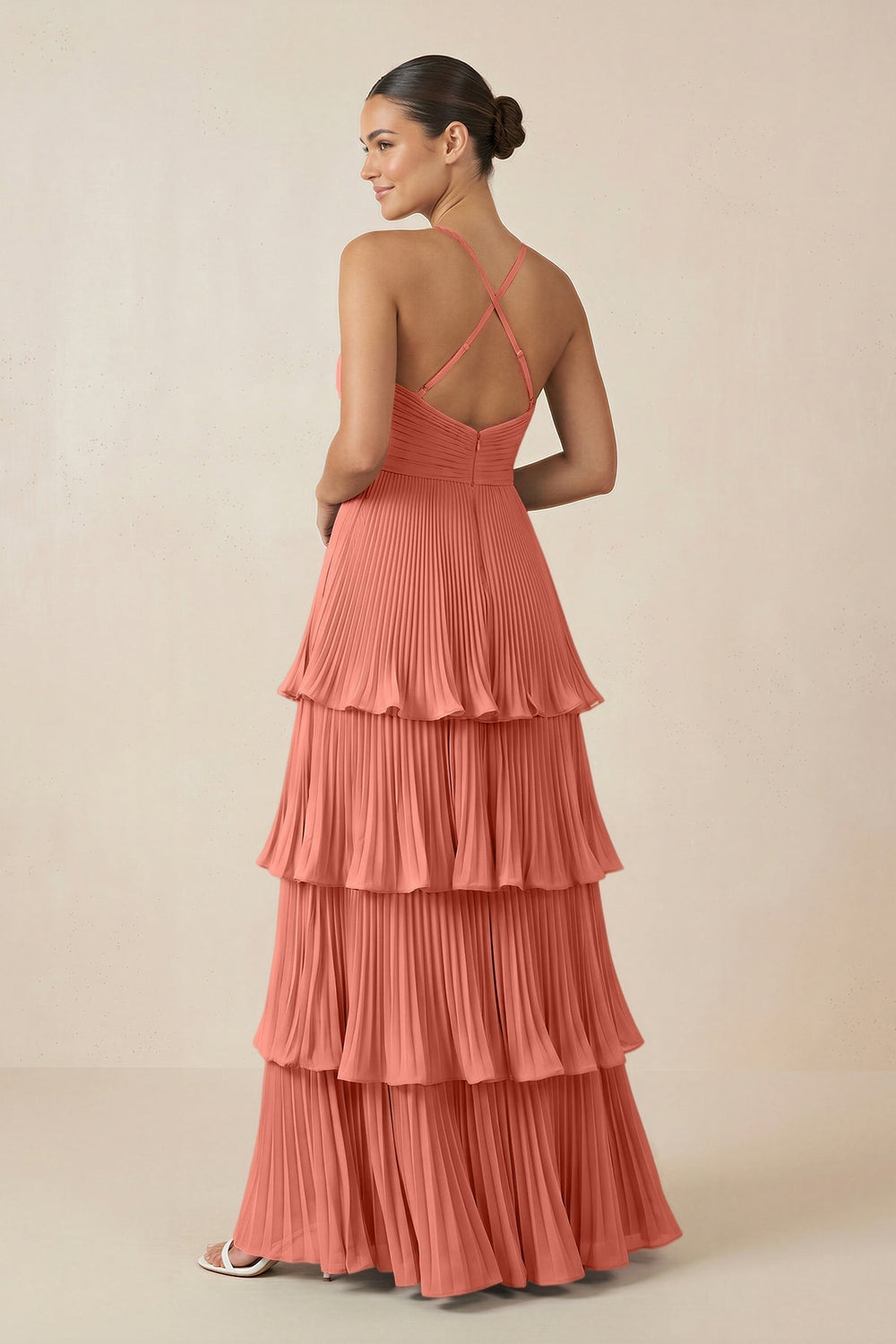 Tiered Pleated V - Neck A - Line Chiffon Bridesmaid Dress in Wild Rose - KISS BRIDAL Bridesmaid Dresses