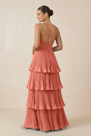 Tiered Pleated V - Neck A - Line Chiffon Bridesmaid Dress in Wild Rose - KISS BRIDAL Bridesmaid Dresses