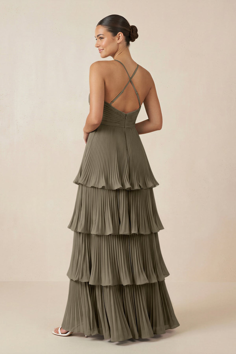 Tiered Pleated V - Neck A - Line Chiffon Bridesmaid Dress in Willow Green - KISS BRIDAL Bridesmaid Dresses
