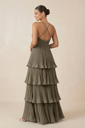 Tiered Pleated V - Neck A - Line Chiffon Bridesmaid Dress in Willow Green - KISS BRIDAL Bridesmaid Dresses