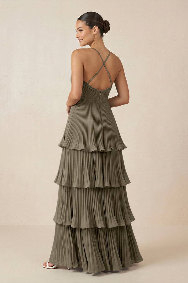 Tiered Pleated V - Neck A - Line Chiffon Bridesmaid Dress in Willow Green - KISS BRIDAL Bridesmaid Dresses