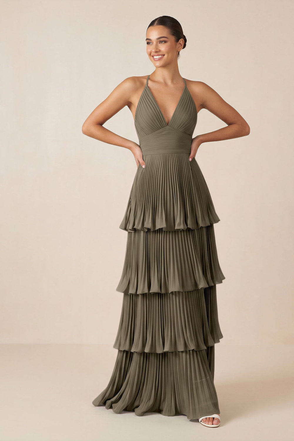 Tiered Pleated V - Neck A - Line Chiffon Bridesmaid Dress in Willow Green - KISS BRIDAL Bridesmaid Dresses