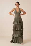 Tiered Pleated V - Neck A - Line Chiffon Bridesmaid Dress in Willow Green - KISS BRIDAL Bridesmaid Dresses
