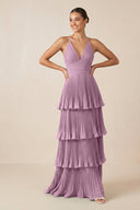 Tiered Pleated V - Neck A - Line Chiffon Bridesmaid Dress in Wisteria - KISS BRIDAL Bridesmaid Dresses