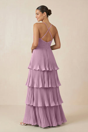 Tiered Pleated V - Neck A - Line Chiffon Bridesmaid Dress in Wisteria - KISS BRIDAL Bridesmaid Dresses