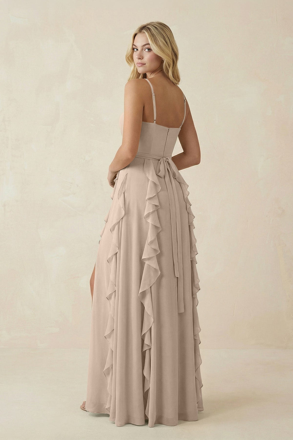 Tiered Ruffle A - Line Chiffon Bridesmaid Dress in Almond - KISS BRIDAL Bridesmaid Dresses