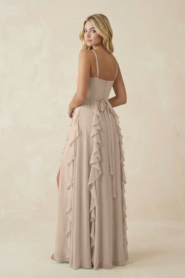 Tiered Ruffle A - Line Chiffon Bridesmaid Dress in Almond - KISS BRIDAL Bridesmaid Dresses