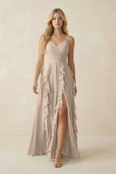 Tiered Ruffle A - Line Chiffon Bridesmaid Dress in Almond - KISS BRIDAL Bridesmaid Dresses