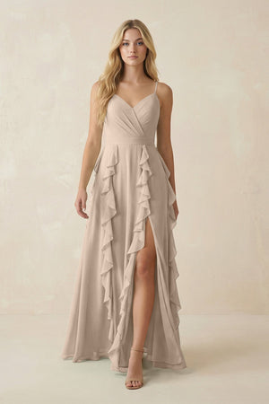 Tiered Ruffle A - Line Chiffon Bridesmaid Dress in Almond - KISS BRIDAL Bridesmaid Dresses