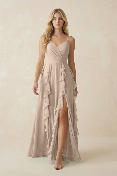 Tiered Ruffle A - Line Chiffon Bridesmaid Dress in Almond - KISS BRIDAL Bridesmaid Dresses