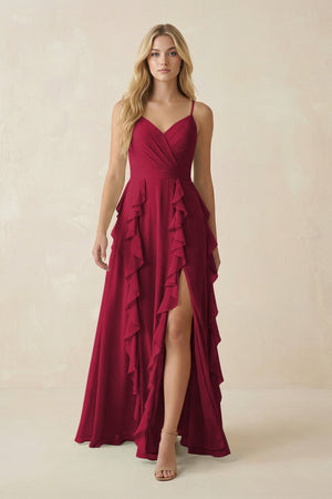 Tiered Ruffle A - Line Chiffon Bridesmaid Dress in Berry - KISS BRIDAL Bridesmaid Dresses