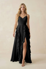 Tiered Ruffle A - Line Chiffon Bridesmaid Dress in Black - KISS BRIDAL Bridesmaid Dresses