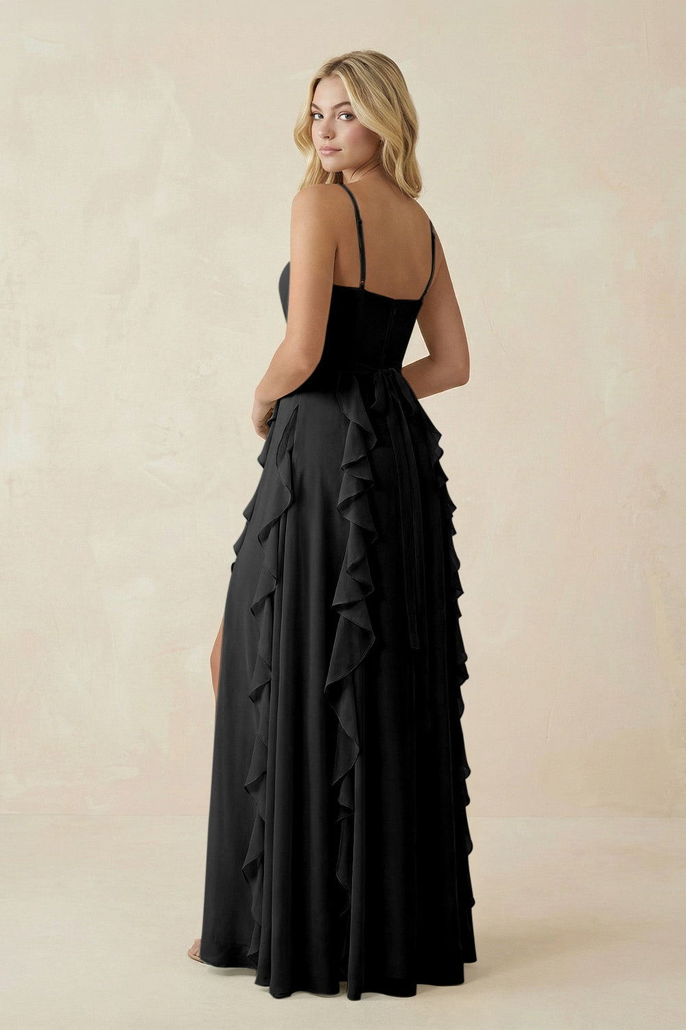 Tiered Ruffle A - Line Chiffon Bridesmaid Dress in Black - KISS BRIDAL Bridesmaid Dresses