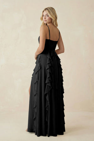Tiered Ruffle A - Line Chiffon Bridesmaid Dress in Black - KISS BRIDAL Bridesmaid Dresses