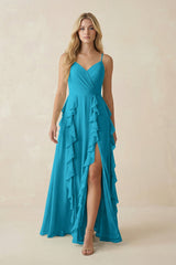 Tiered Ruffle A - Line Chiffon Bridesmaid Dress in Blue Jay - KISS BRIDAL Bridesmaid Dresses