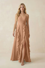 Tiered Ruffle A - Line Chiffon Bridesmaid Dress in Bronzer - KISS BRIDAL Bridesmaid Dresses