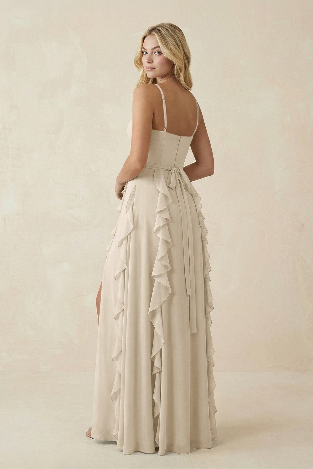 Tiered Ruffle A - Line Chiffon Bridesmaid Dress in Champagne - KISS BRIDAL Bridesmaid Dresses
