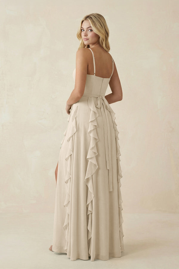 Tiered Ruffle A - Line Chiffon Bridesmaid Dress in Champagne - KISS BRIDAL Bridesmaid Dresses