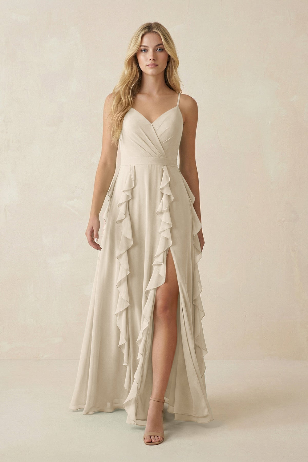 Tiered Ruffle A - Line Chiffon Bridesmaid Dress in Champagne - KISS BRIDAL Bridesmaid Dresses