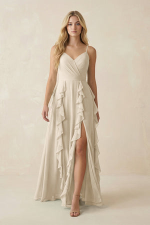 Tiered Ruffle A - Line Chiffon Bridesmaid Dress in Champagne - KISS BRIDAL Bridesmaid Dresses