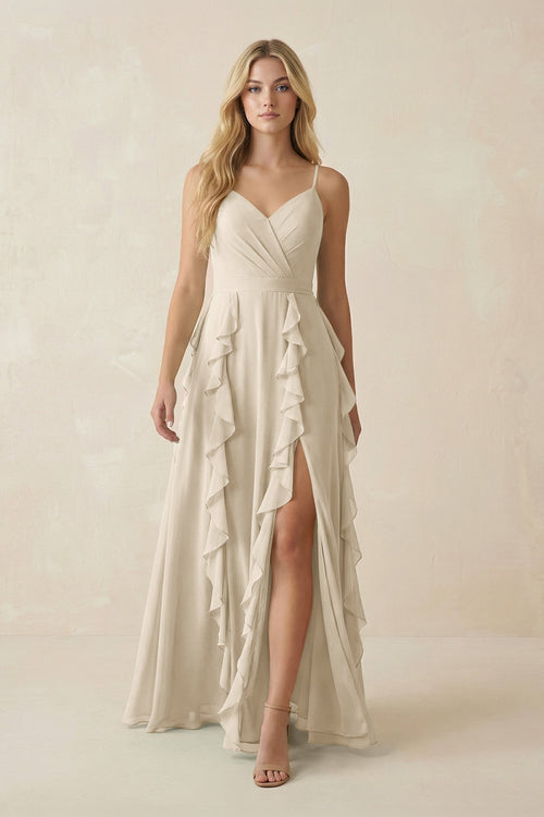 Tiered Ruffle A - Line Chiffon Bridesmaid Dress in Champagne - KISS BRIDAL Bridesmaid Dresses
