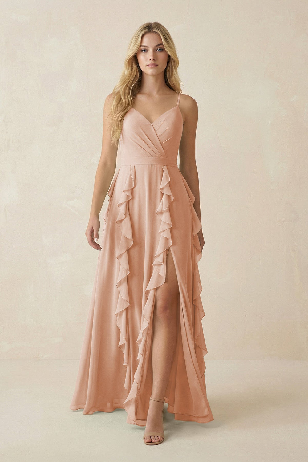 Tiered Ruffle A - Line Chiffon Bridesmaid Dress in Champagne Rose - KISS BRIDAL Bridesmaid Dresses