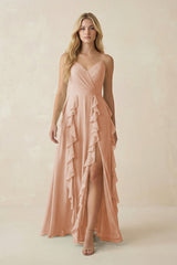 Tiered Ruffle A - Line Chiffon Bridesmaid Dress in Champagne Rose - KISS BRIDAL Bridesmaid Dresses