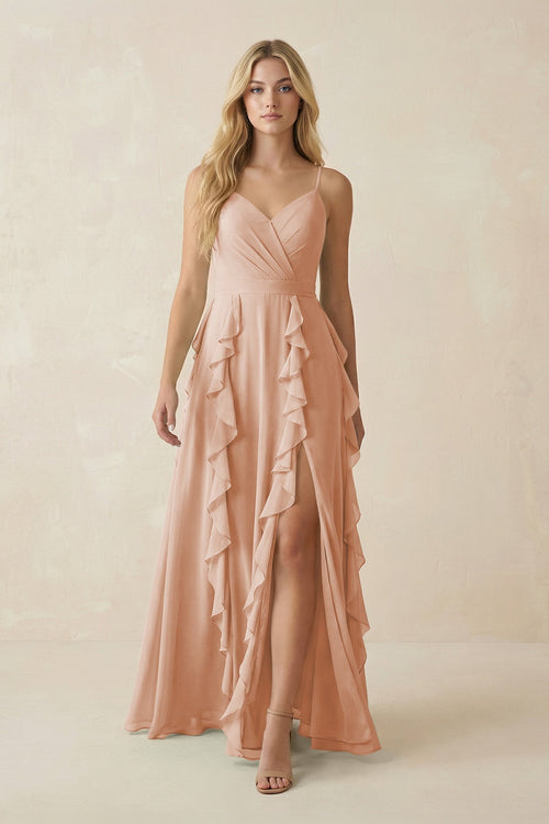 Tiered Ruffle A - Line Chiffon Bridesmaid Dress in Champagne Rose - KISS BRIDAL Bridesmaid Dresses