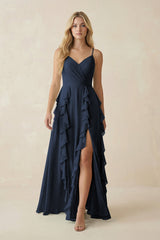 Tiered Ruffle A - Line Chiffon Bridesmaid Dress in Dark Navy - KISS BRIDAL Bridesmaid Dresses