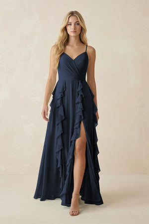 Tiered Ruffle A - Line Chiffon Bridesmaid Dress in Dark Navy - KISS BRIDAL Bridesmaid Dresses