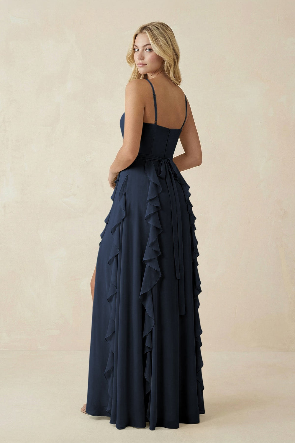 Tiered Ruffle A - Line Chiffon Bridesmaid Dress in Dark Navy - KISS BRIDAL Bridesmaid Dresses