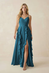 Tiered Ruffle A - Line Chiffon Bridesmaid Dress in Dark Teal - KISS BRIDAL Bridesmaid Dresses
