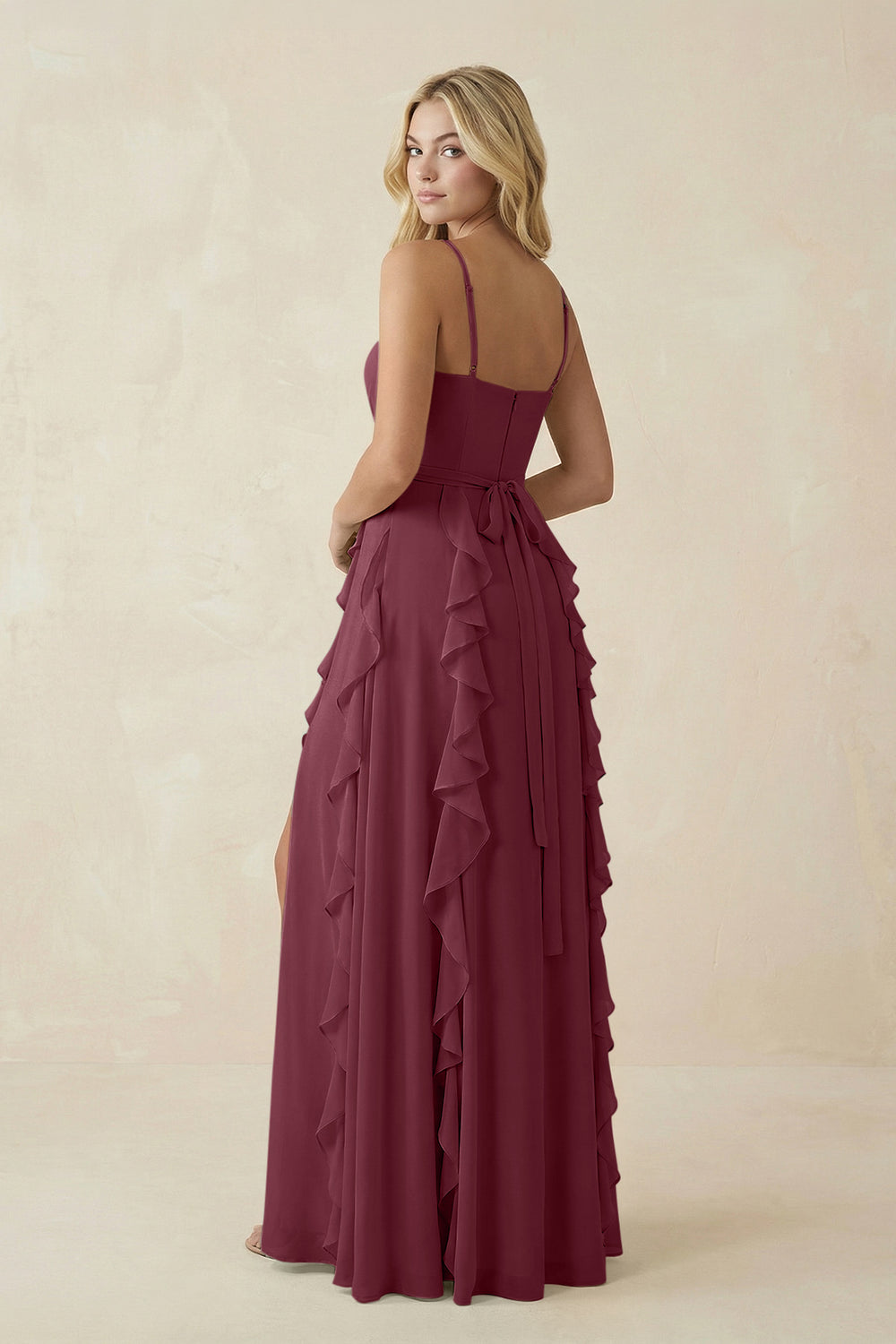 Tiered Ruffle A-Line Chiffon Bridesmaid Dress in Desert Rose