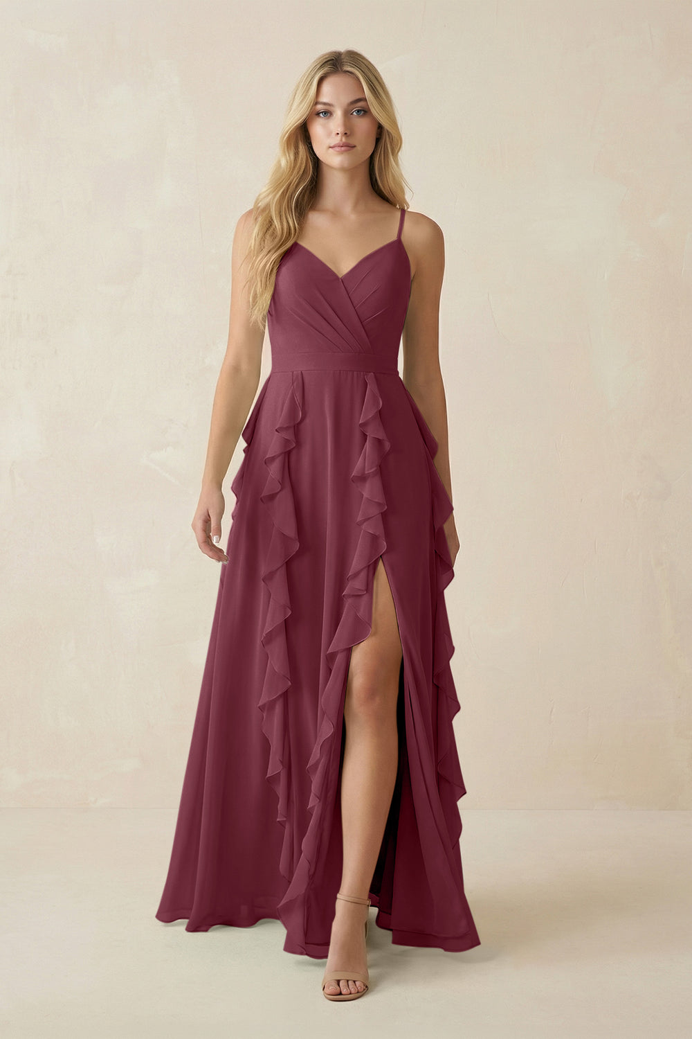 Tiered Ruffle A-Line Chiffon Bridesmaid Dress in Desert Rose