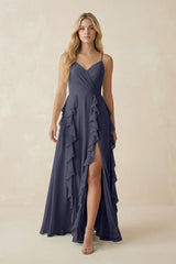 Tiered Ruffle A - Line Chiffon Bridesmaid Dress in Dusk Blue - KISS BRIDAL Bridesmaid Dresses