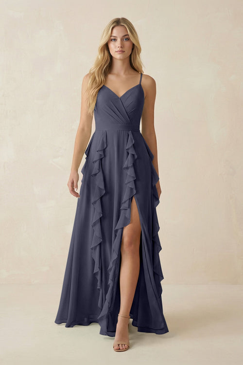 Tiered Ruffle A - Line Chiffon Bridesmaid Dress in Dusk Blue - KISS BRIDAL Bridesmaid Dresses